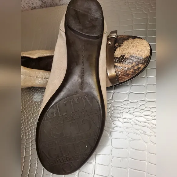 AGL Ballet Flat Tan Shimmer Suede &amp; Browm Snake Print Capped Toe Made In Italy