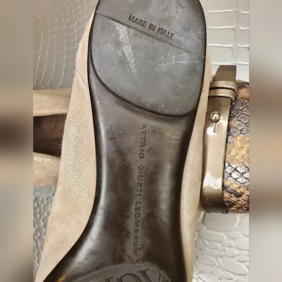 AGL Ballet Flat Tan Shimmer Suede &amp; Browm Snake Print Capped Toe Made In Italy