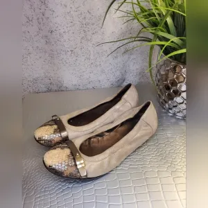 AGL Ballet Flat Tan Shimmer Suede &amp; Browm Snake Print Capped Toe Made In Italy