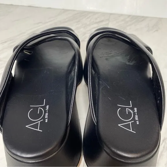 AGL Black Leather Criss Cross Platform Thong Sandal 38 / 8