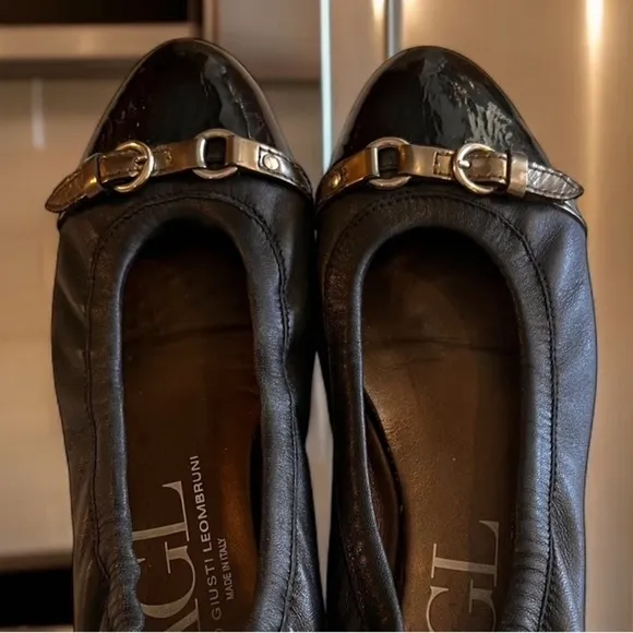 AGL Black Metallic Grey Monika Cap Toe Ballet Flats Shoes Leather Italy 40