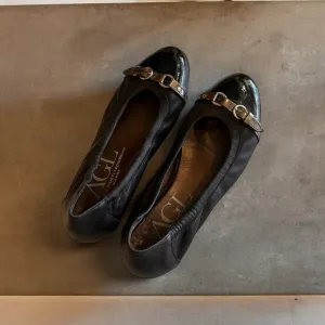 AGL Black Metallic Grey Monika Cap Toe Ballet Flats Shoes Leather Italy 40