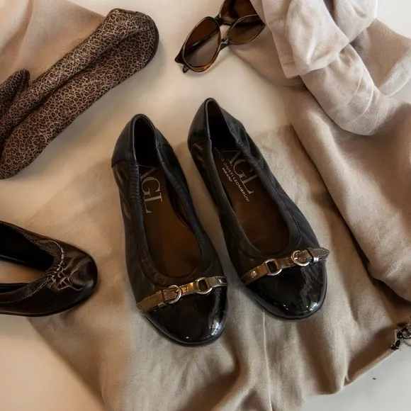 AGL Black Metallic Grey Monika Cap Toe Ballet Flats Shoes Leather Italy 40