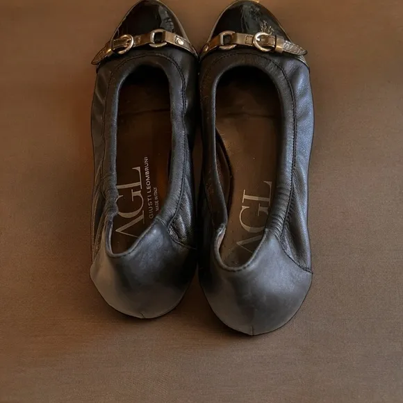 AGL Black Metallic Grey Monika Cap Toe Ballet Flats Shoes Leather Italy 40