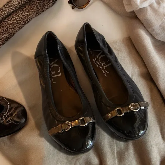 AGL Black Metallic Grey Monika Cap Toe Ballet Flats Shoes Leather Italy 40