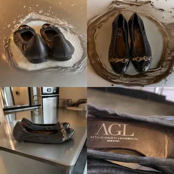 AGL Black Metallic Grey Monika Cap Toe Ballet Flats Shoes Leather Italy 40
