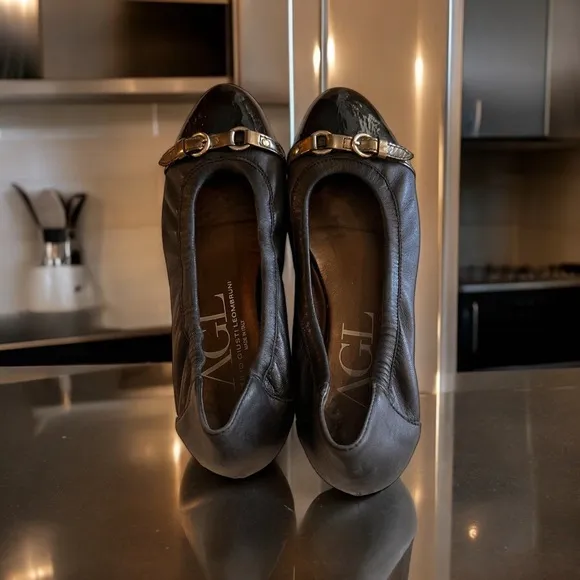AGL Black Metallic Grey Monika Cap Toe Ballet Flats Shoes Leather Italy 40