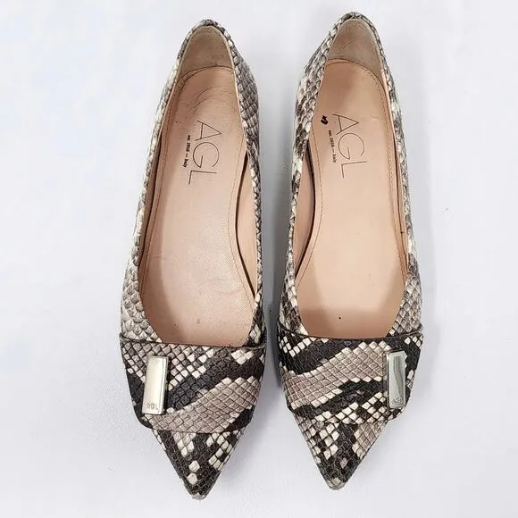 AGL Flats Women EU38/US8M Pointy Toe Snake Embossed Leather Taupe Brown