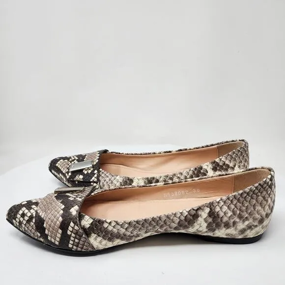 AGL Flats Women EU38/US8M Pointy Toe Snake Embossed Leather Taupe Brown