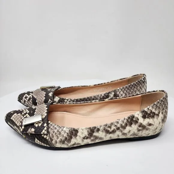 AGL Flats Women EU38/US8M Pointy Toe Snake Embossed Leather Taupe Brown
