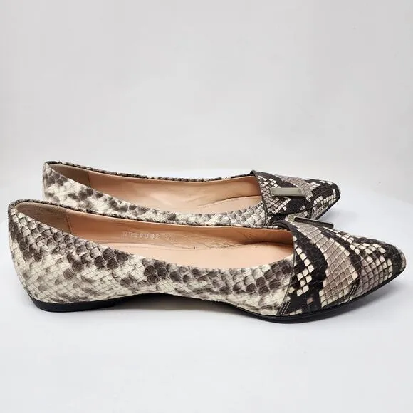 AGL Flats Women EU38/US8M Pointy Toe Snake Embossed Leather Taupe Brown