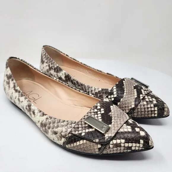 AGL Flats Women EU38/US8M Pointy Toe Snake Embossed Leather Taupe Brown