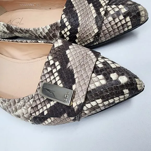 AGL Flats Women EU38/US8M Pointy Toe Snake Embossed Leather Taupe Brown