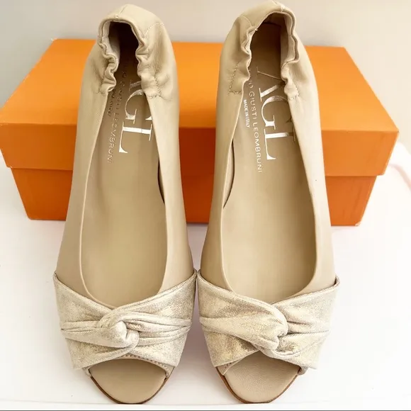 AGL Peep Leather Toe Twist Knot Micro Wedge Shoes