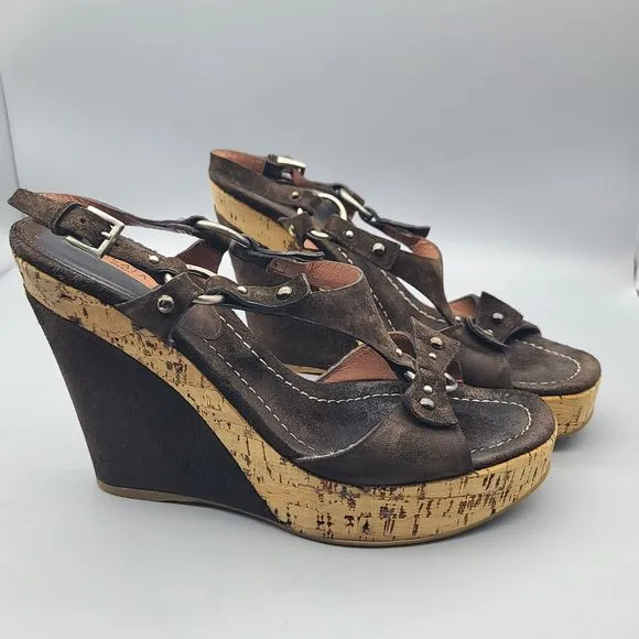Alaia Platform Wedge Sandals cork Open Toe brown Suede studs Sz EUR 39 8.5-9