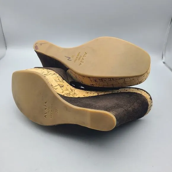 Alaia Platform Wedge Sandals cork Open Toe brown Suede studs Sz EUR 39 8.5-9
