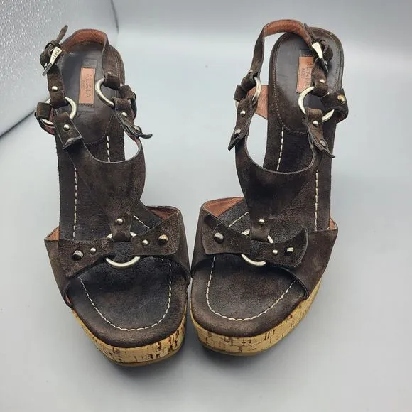Alaia Platform Wedge Sandals cork Open Toe brown Suede studs Sz EUR 39 8.5-9