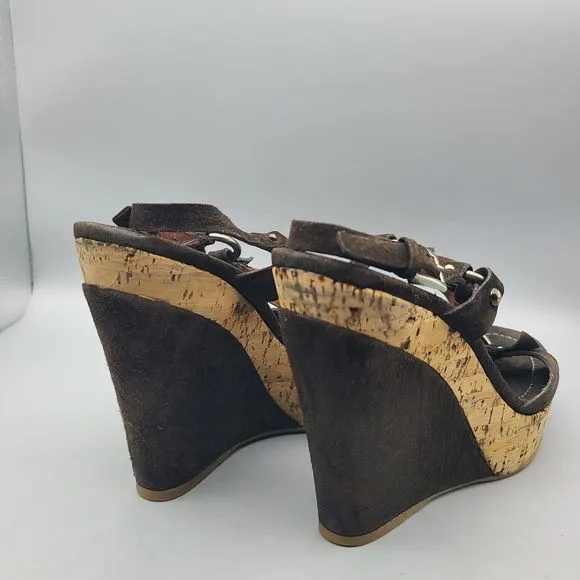 Alaia Platform Wedge Sandals cork Open Toe brown Suede studs Sz EUR 39 8.5-9