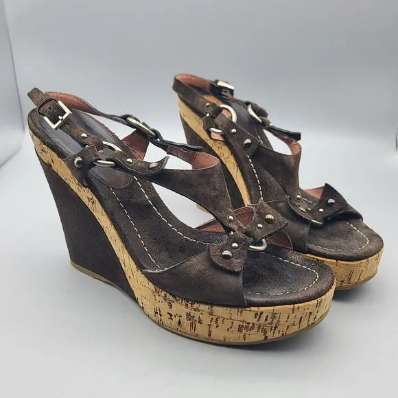 Alaia Platform Wedge Sandals cork Open Toe brown Suede studs Sz EUR 39 8.5-9
