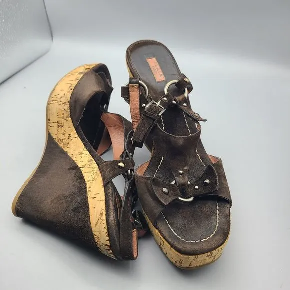 Alaia Platform Wedge Sandals cork Open Toe brown Suede studs Sz EUR 39 8.5-9
