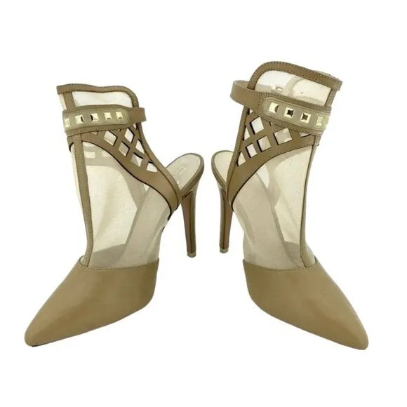 Alepel Fit Pumps Champagne Leather and Mesh Studded Stiletto Shoes SZ 7 New