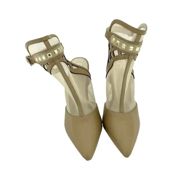 Alepel Fit Pumps Champagne Leather and Mesh Studded Stiletto Shoes SZ 7 New