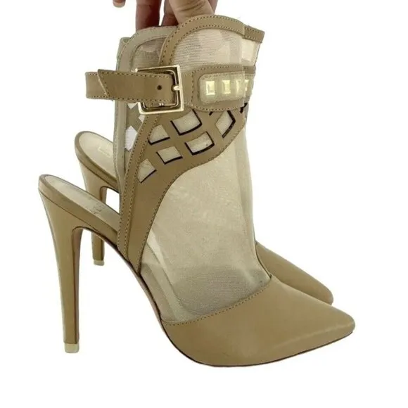 Alepel Fit Pumps Champagne Leather and Mesh Studded Stiletto Shoes SZ 7 New