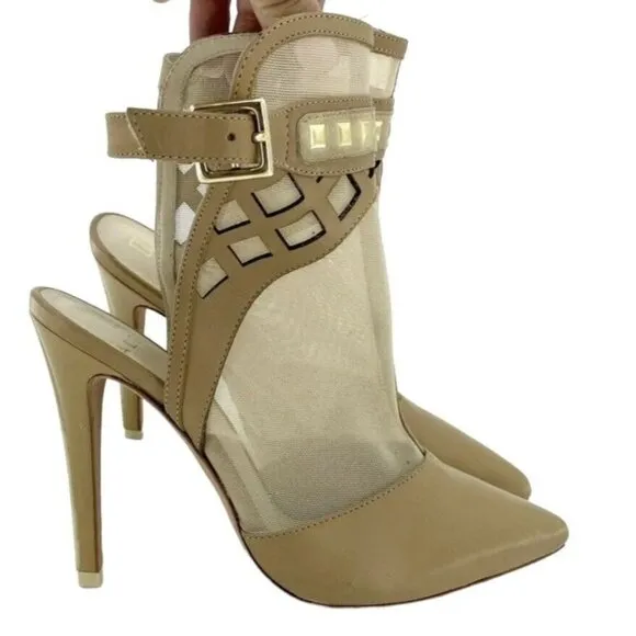 Alepel Fit Pumps Champagne Leather and Mesh Studded Stiletto Shoes SZ 7 New