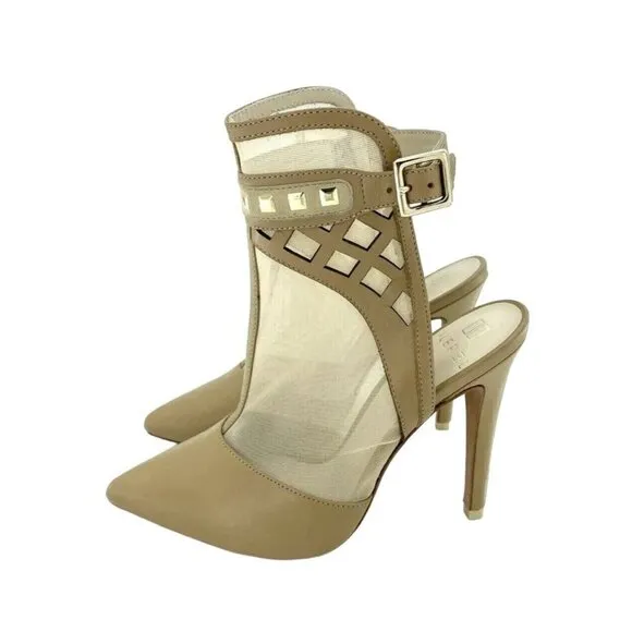 Alepel Fit Pumps Champagne Leather and Mesh Studded Stiletto Shoes SZ 7 New