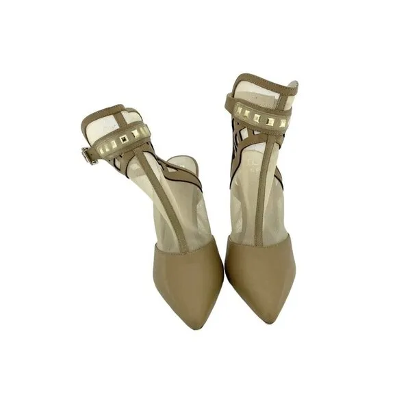 Alepel Fit Pumps Champagne Leather and Mesh Studded Stiletto Shoes SZ 7 New