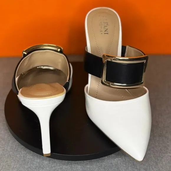 Alfani Sima Faux Leather Slip-On Pumps Black Gold Buckle Size 8.5