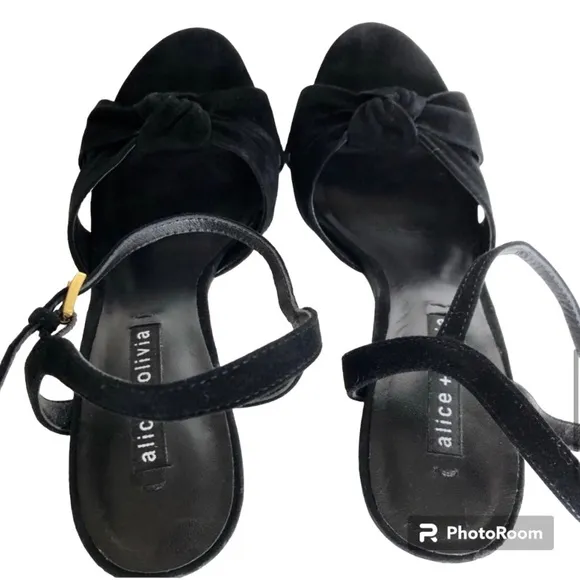 Alice   Olivia Bailee Black Suede Knotted Platform Heeled Sandals Women's