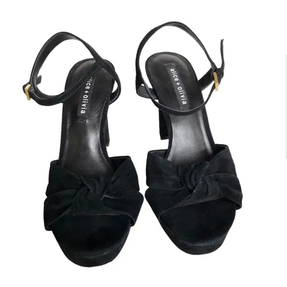 Alice   Olivia Bailee Black Suede Knotted Platform Heeled Sandals Women's