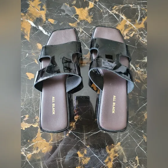 All Black Blunt T Wedge Sandals Platform Shiny Sz 37