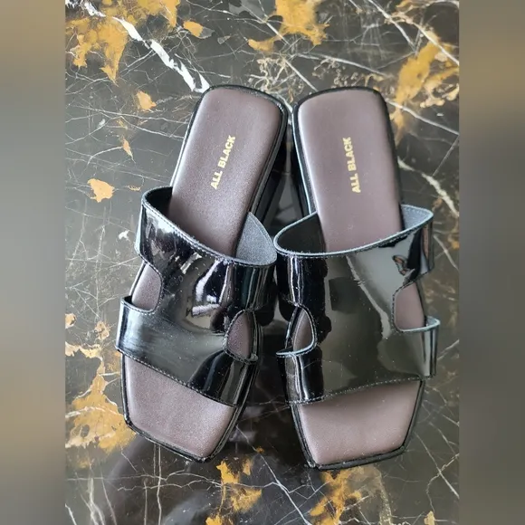 All Black Blunt T Wedge Sandals Platform Shiny Sz 37