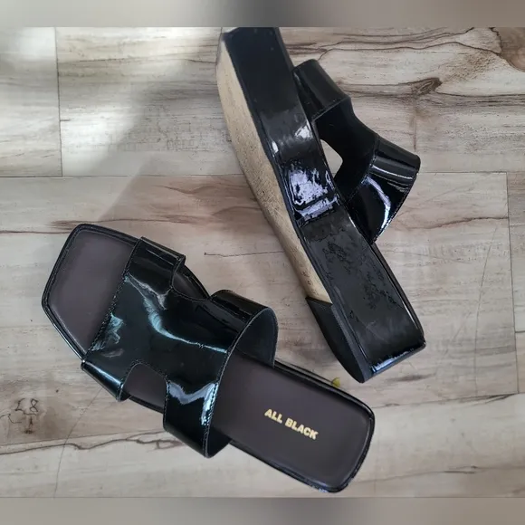 All Black Blunt T Wedge Sandals Platform Shiny Sz 37