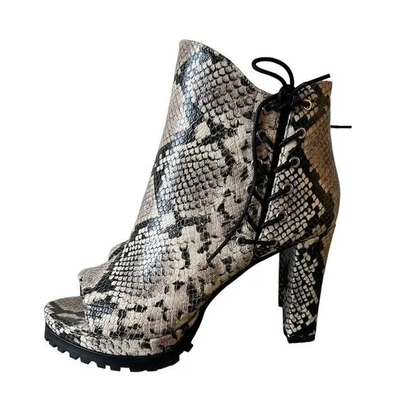 AllSaints Michela Leather Snake Print Peep Toe Heeled Shoes Booties Size 40 EU
