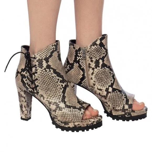 AllSaints Michela Leather Snake Print Peep Toe Heeled Shoes Booties Size 40 EU