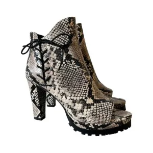 AllSaints Michela Leather Snake Print Peep Toe Heeled Shoes Booties Size 40 EU