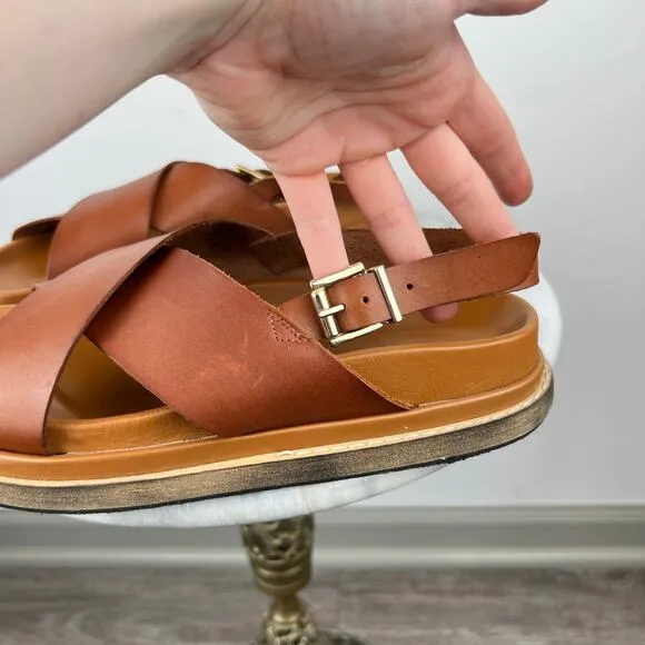 ALOHAS Leather Marshmallow Crossover Strap Platform Sandals in Tan (Sz 9)