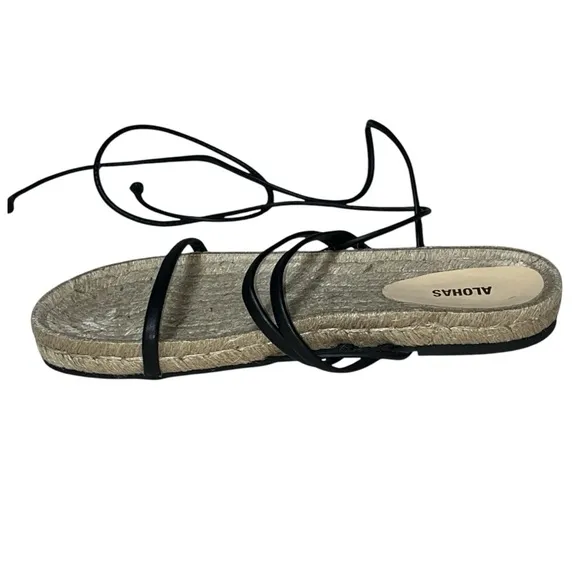 ALOHAS Rayna Sandals Espadrilles Black Leather Wraparound Straps Size 9 / 40