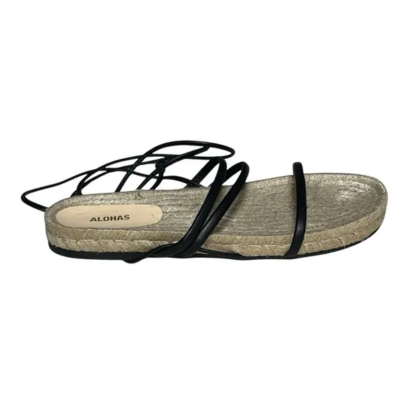 ALOHAS Rayna Sandals Espadrilles Black Leather Wraparound Straps Size 9 / 40