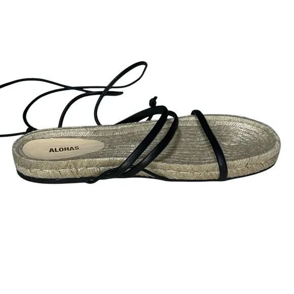 ALOHAS Rayna Sandals Espadrilles Black Leather Wraparound Straps Size 9 / 40