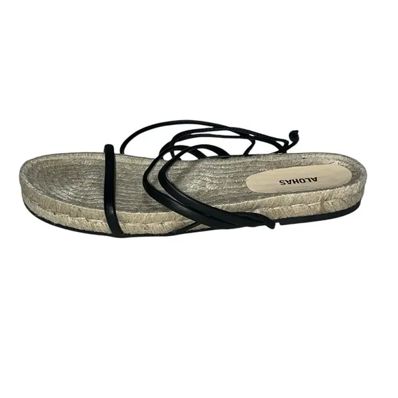 ALOHAS Rayna Sandals Espadrilles Black Leather Wraparound Straps Size 9 / 40