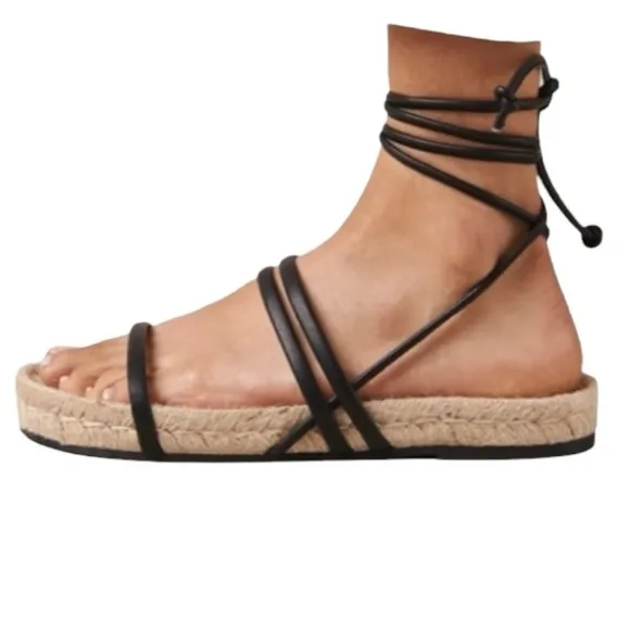 ALOHAS Rayna Sandals Espadrilles Black Leather Wraparound Straps Size 9 / 40