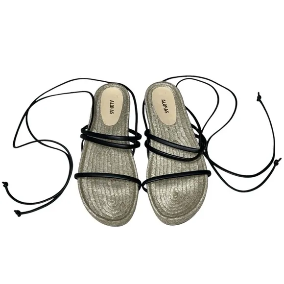 ALOHAS Rayna Sandals Espadrilles Black Leather Wraparound Straps Size 9 / 40