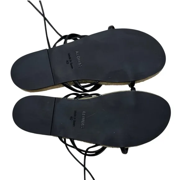 ALOHAS Rayna Sandals Espadrilles Black Leather Wraparound Straps Size 9 / 40