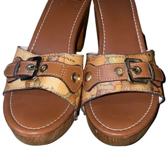 Alviero Martini Tilasse Geo World Map Print Platform Mule Leather Clog Sz 8