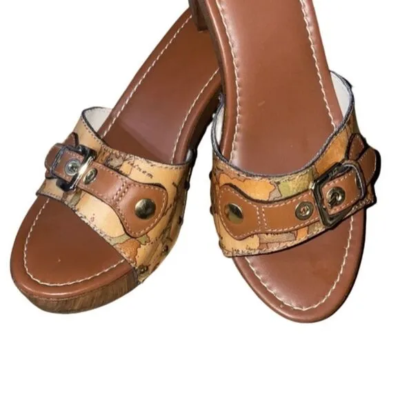 Alviero Martini Tilasse Geo World Map Print Platform Mule Leather Clog Sz 8