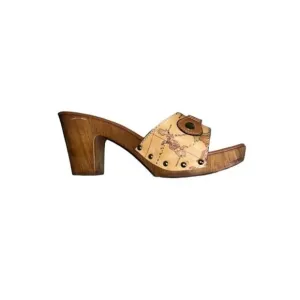 Alviero Martini Tilasse Geo World Map Print Platform Mule Leather Clog Sz 8